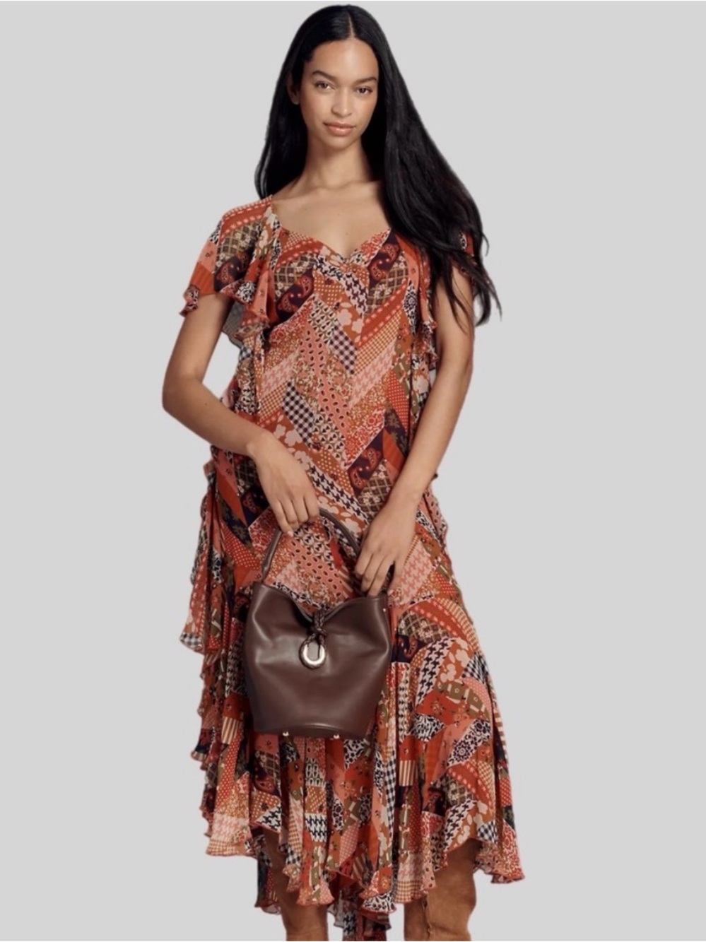 NWT Anthropologie Orange & Brown Patchwork Backless Maxi Dress